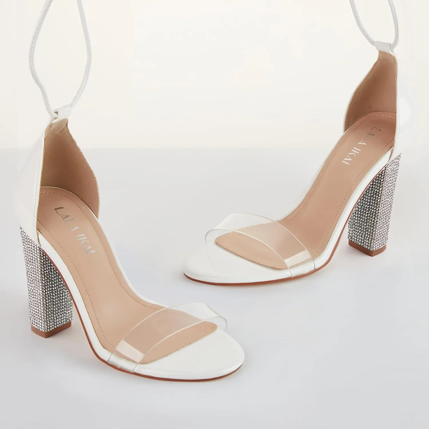 LALA IKAI Chunky Heels Sandals for Women Comfy Open Toe Strappy Rhinestone High Heeled Sandals White Silver Gold Black Ankle Clear Heels for Party Wedding