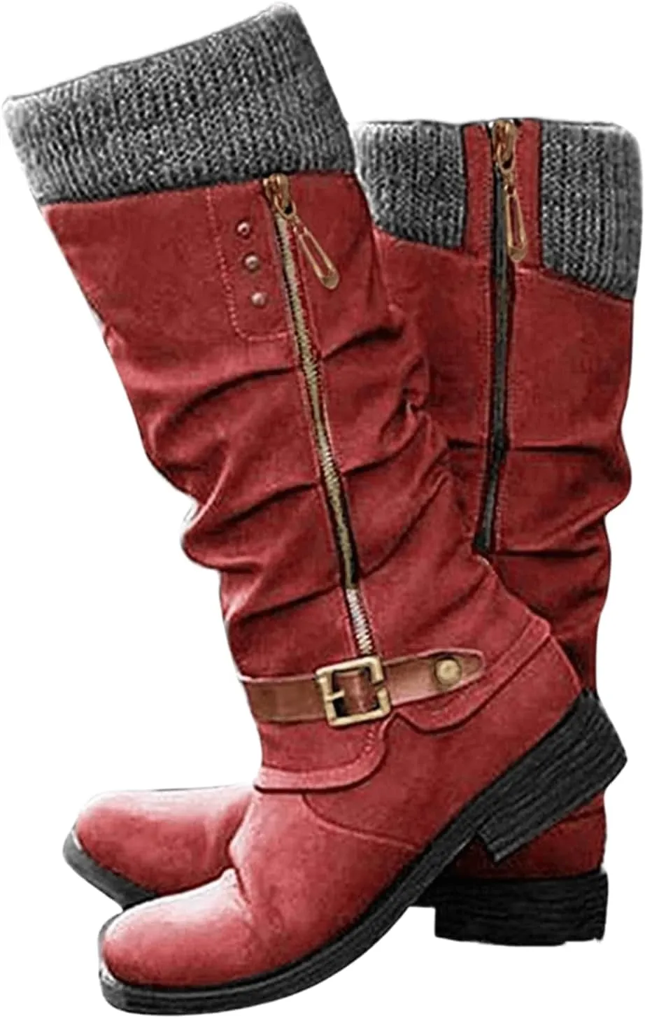 Lausiuoe Boots For Women Low Heel Mid Calf Slouchy Side Zip Flat Booties Wide Calf Western Cowboy Winter Non Slip Outdoor Shoes