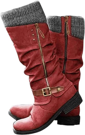 Lausiuoe Boots For Women Low Heel Mid Calf Slouchy Side Zip Flat Booties Wide Calf Western Cowboy Winter Non Slip Outdoor Shoes