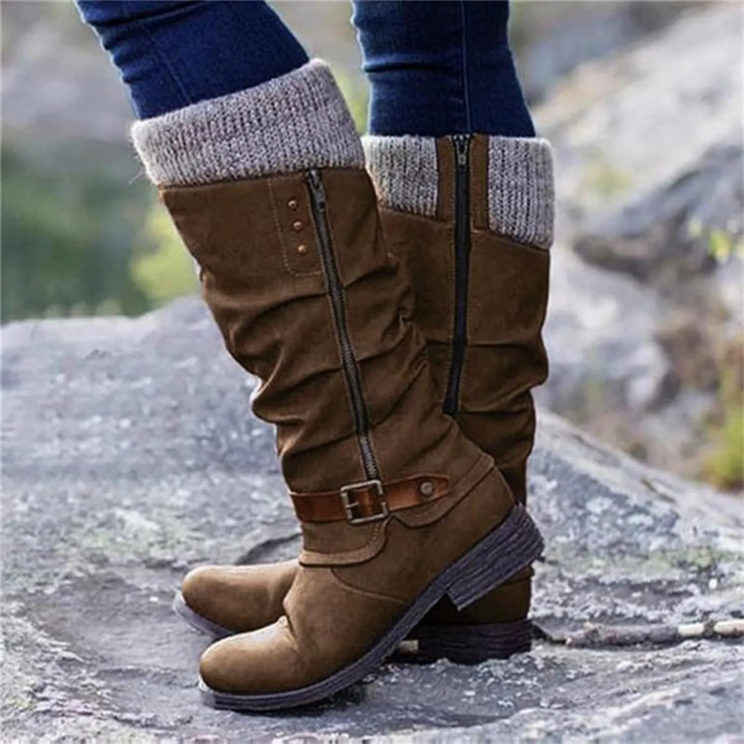 Lausiuoe Boots For Women Low Heel Mid Calf Slouchy Side Zip Flat Booties Wide Calf Western Cowboy Winter Non Slip Outdoor Shoes