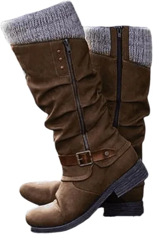 Lausiuoe Boots For Women Low Heel Mid Calf Slouchy Side Zip Flat Booties Wide Calf Western Cowboy Winter Non Slip Outdoor Shoes