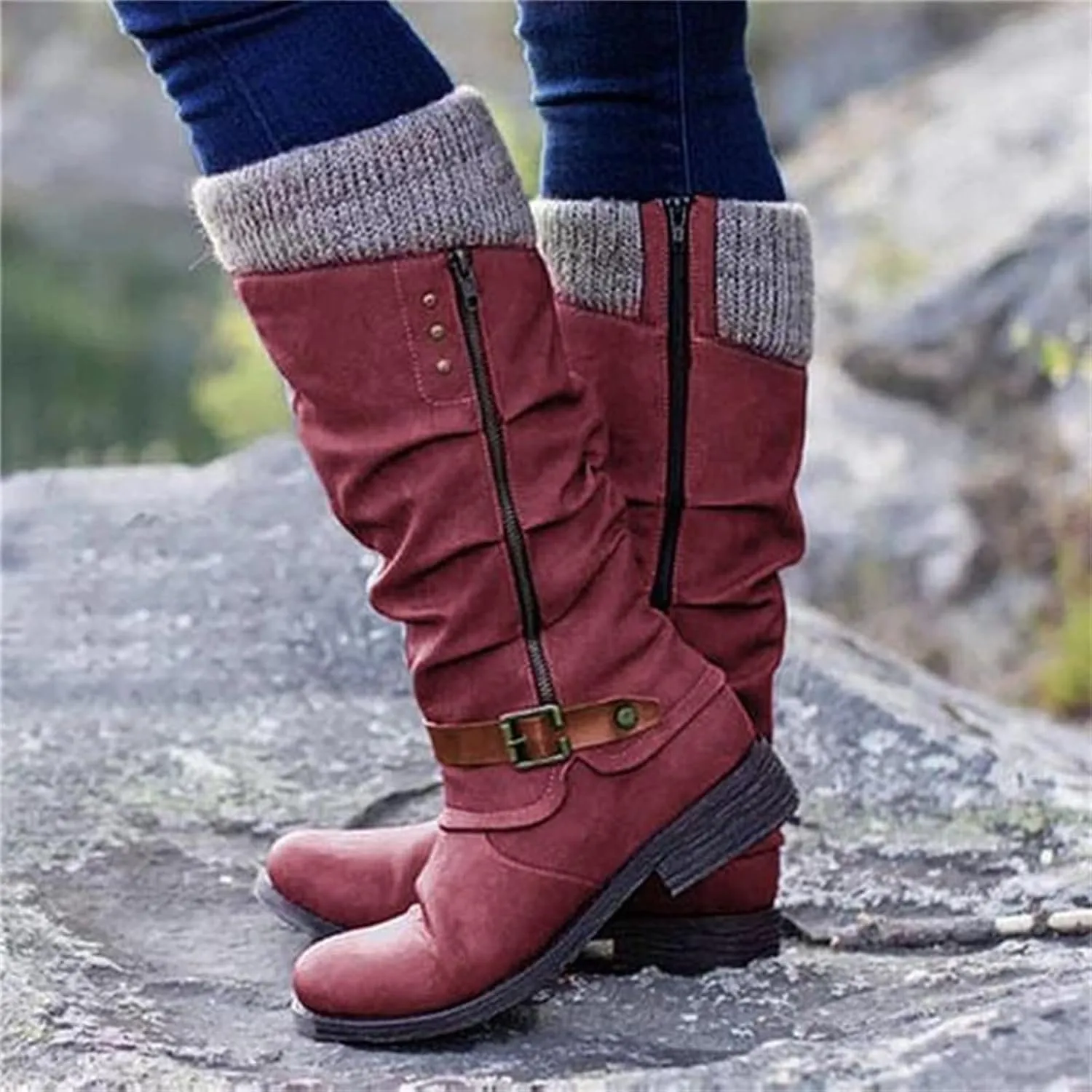 Lausiuoe Boots For Women Low Heel Mid Calf Slouchy Side Zip Flat Booties Wide Calf Western Cowboy Winter Non Slip Outdoor Shoes