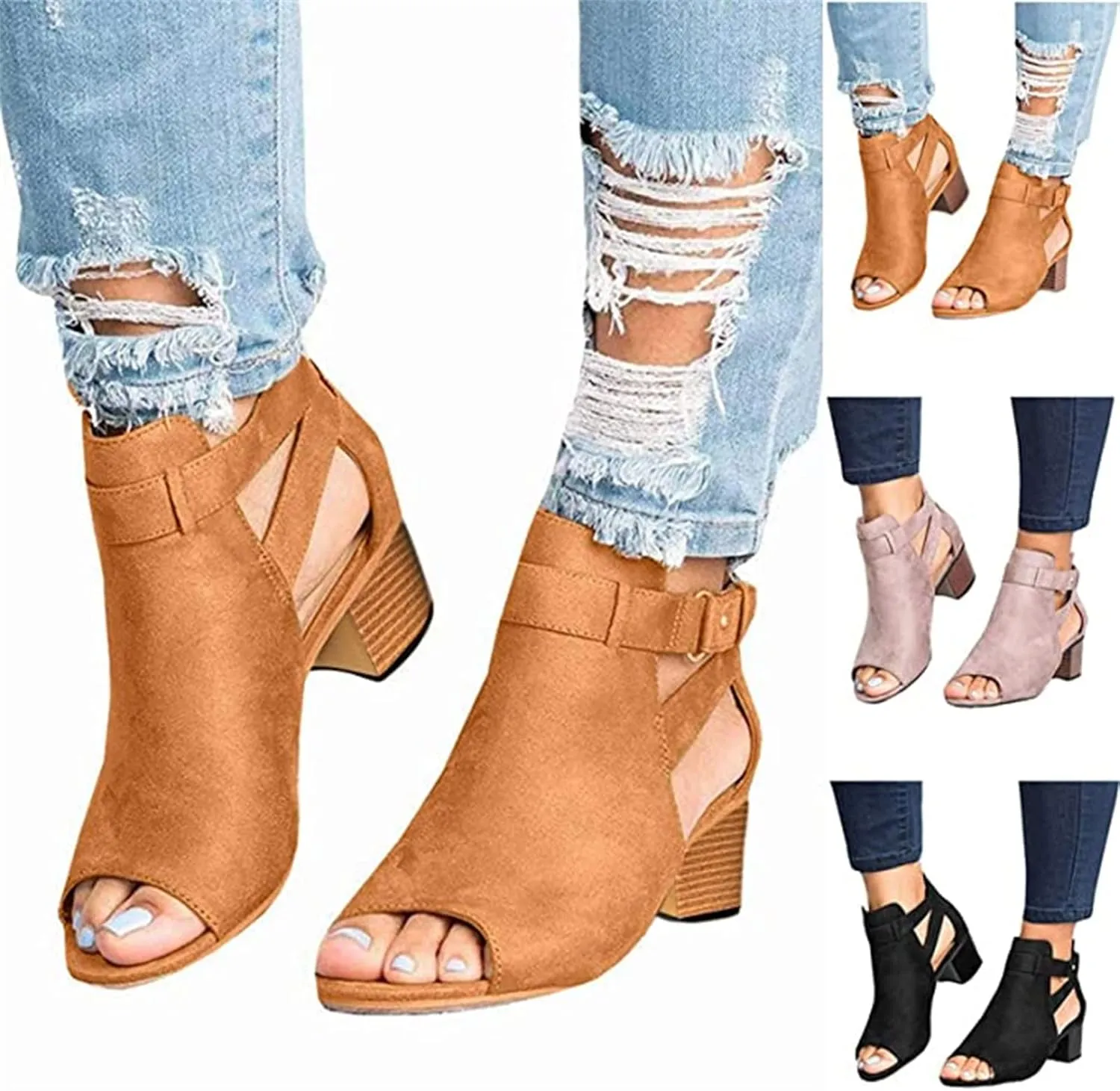 Lausiuoe Chunky Heels For Women Sexy Pumps Strappy Open Toe Casual Dressy Summer Buckle Ankle Strap Low Wedge Sandals