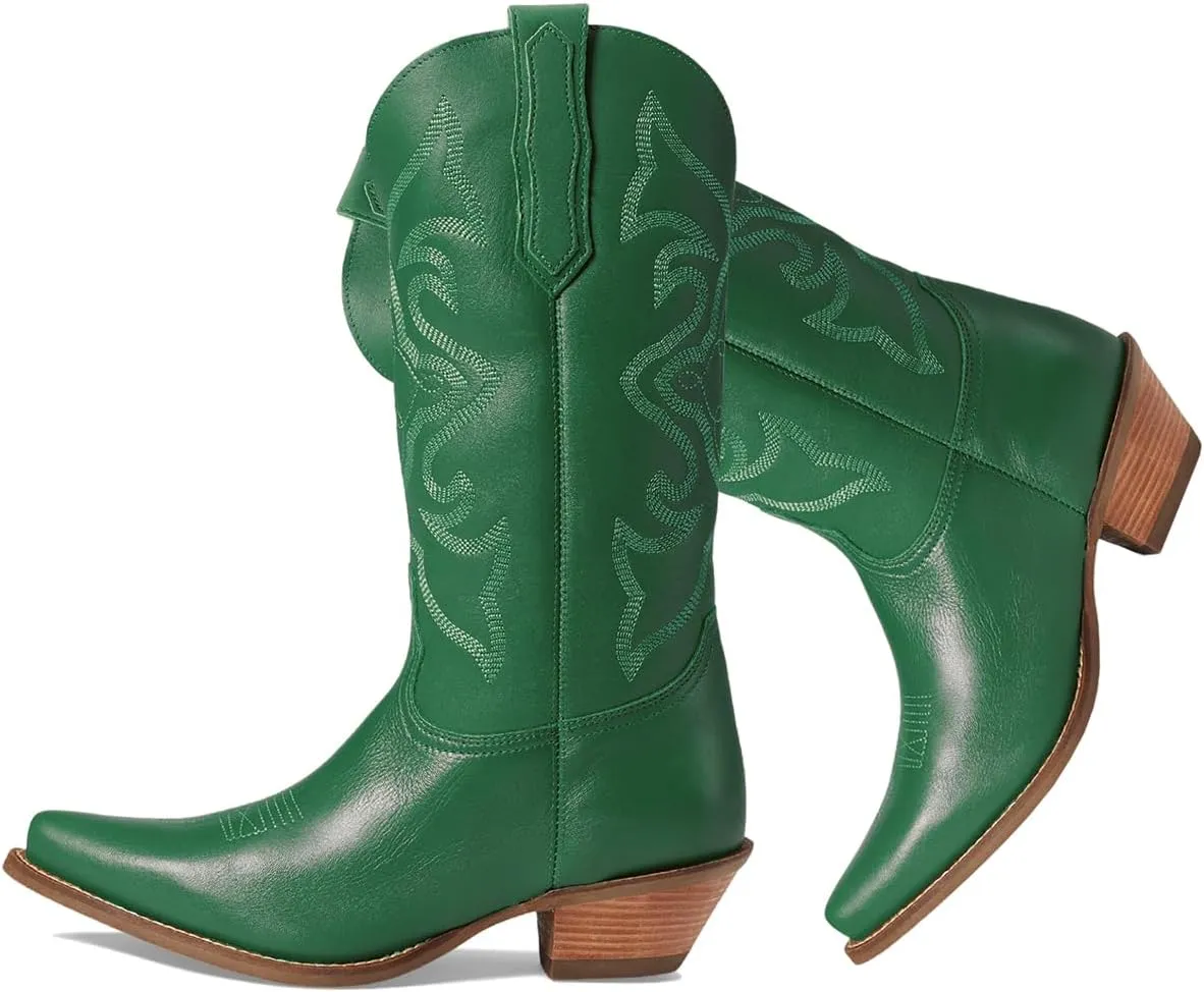 LEHOOR Cowboy Boots Women Embroidered Mid Calf Western Boots Stacked Low Heel Pointed Toe Pull On Cowgirl Boot 4-11 M US