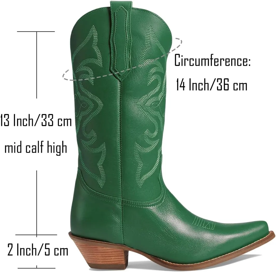 LEHOOR Cowboy Boots Women Embroidered Mid Calf Western Boots Stacked Low Heel Pointed Toe Pull On Cowgirl Boot 4-11 M US