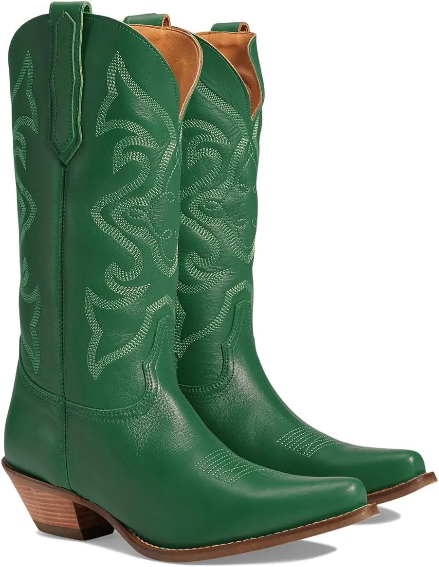 LEHOOR Cowboy Boots Women Embroidered Mid Calf Western Boots Stacked Low Heel Pointed Toe Pull On Cowgirl Boot 4-11 M US