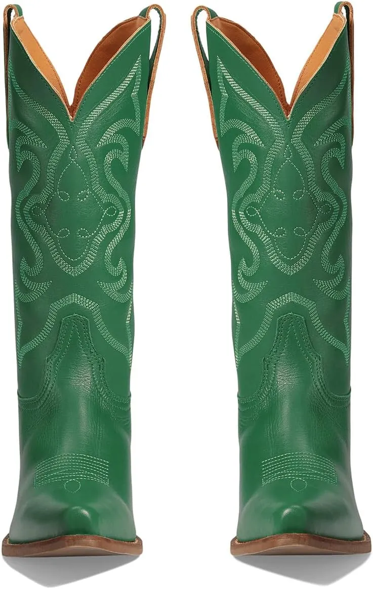 LEHOOR Cowboy Boots Women Embroidered Mid Calf Western Boots Stacked Low Heel Pointed Toe Pull On Cowgirl Boot 4-11 M US