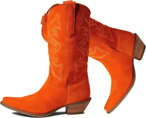 LEHOOR Cowboy Boots Women Embroidered Mid Calf Western Boots Stacked Low Heel Pointed Toe Pull On Cowgirl Boot 4-11 M US