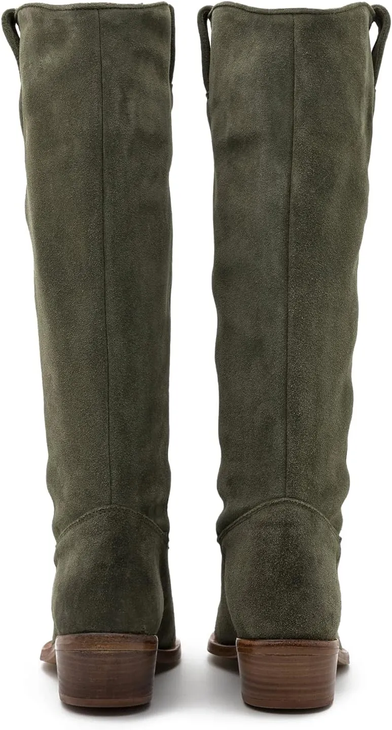 LEHOOR Women Low Stacked Heel Slouchy Knee High Western Boots Pointed Square Toe Velvet Suede 1.5" Chunky Heels Cowboy Boots Wide Calf Pull On Combat Boots Dressy Comfort Casual Winter Retro 4-13 M US