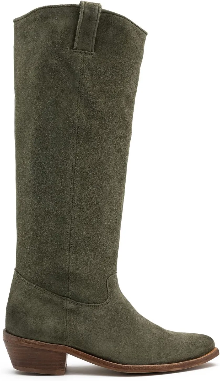 LEHOOR Women Low Stacked Heel Slouchy Knee High Western Boots Pointed Square Toe Velvet Suede 1.5" Chunky Heels Cowboy Boots Wide Calf Pull On Combat Boots Dressy Comfort Casual Winter Retro 4-13 M US