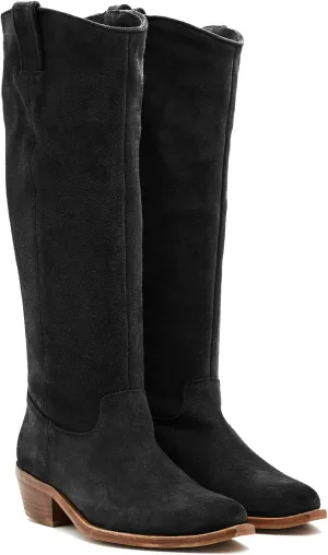 LEHOOR Women Low Stacked Heel Slouchy Knee High Western Boots Pointed Square Toe Velvet Suede 1.5" Chunky Heels Cowboy Boots Wide Calf Pull On Combat Boots Dressy Comfort Casual Winter Retro 4-13 M US