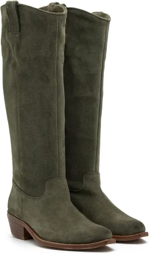LEHOOR Women Low Stacked Heel Slouchy Knee High Western Boots Pointed Square Toe Velvet Suede 1.5" Chunky Heels Cowboy Boots Wide Calf Pull On Combat Boots Dressy Comfort Casual Winter Retro 4-13 M US