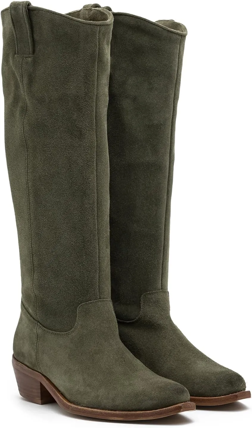 LEHOOR Women Low Stacked Heel Slouchy Knee High Western Boots Pointed Square Toe Velvet Suede 1.5" Chunky Heels Cowboy Boots Wide Calf Pull On Combat Boots Dressy Comfort Casual Winter Retro 4-13 M US
