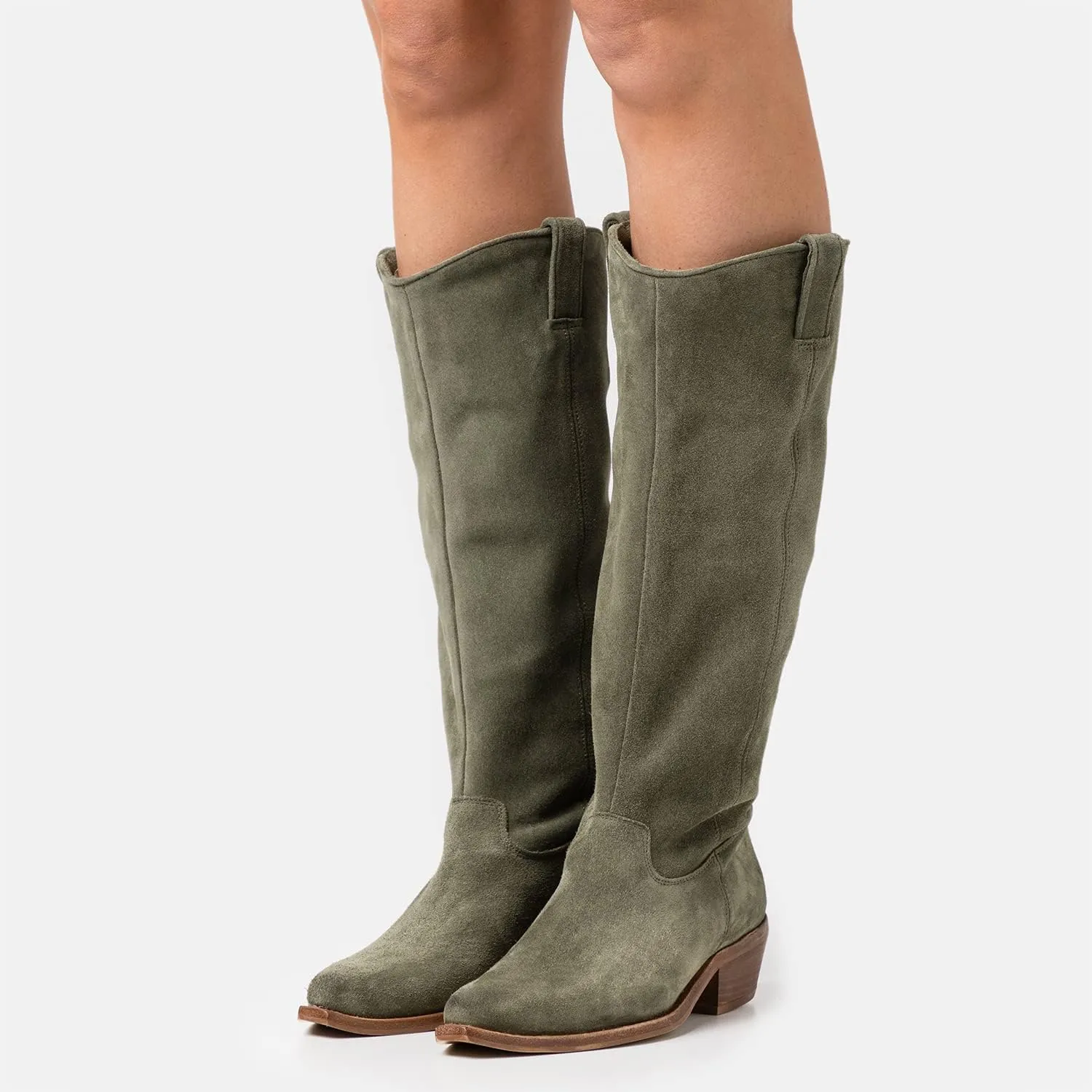 LEHOOR Women Low Stacked Heel Slouchy Knee High Western Boots Pointed Square Toe Velvet Suede 1.5" Chunky Heels Cowboy Boots Wide Calf Pull On Combat Boots Dressy Comfort Casual Winter Retro 4-13 M US