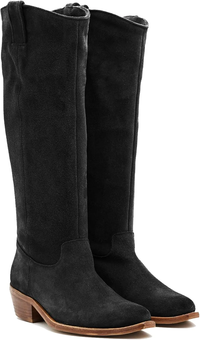 LEHOOR Women Low Stacked Heel Slouchy Knee High Western Boots Pointed Square Toe Velvet Suede 1.5" Chunky Heels Cowboy Boots Wide Calf Pull On Combat Boots Dressy Comfort Casual Winter Retro 4-13 M US