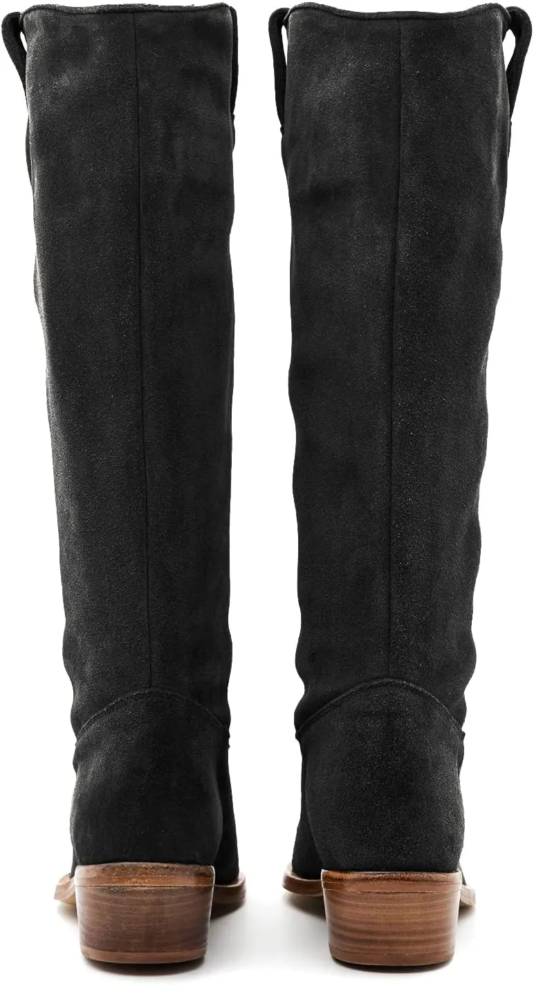 LEHOOR Women Low Stacked Heel Slouchy Knee High Western Boots Pointed Square Toe Velvet Suede 1.5" Chunky Heels Cowboy Boots Wide Calf Pull On Combat Boots Dressy Comfort Casual Winter Retro 4-13 M US