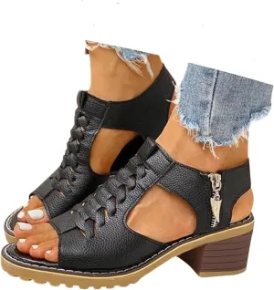 Libiyi Wedges Sandals for Women Dressy 2025, Open Toe Cutout Zipper Chunky Heeled New Hollow Fish Mouth Slip on Summer Beach Boho Comfortable Sandals Outdoor Shoes