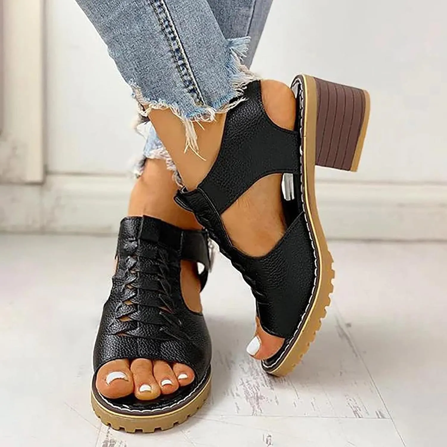 Libiyi Wedges Sandals for Women Dressy 2025, Open Toe Cutout Zipper Chunky Heeled New Hollow Fish Mouth Slip on Summer Beach Boho Comfortable Sandals Outdoor Shoes