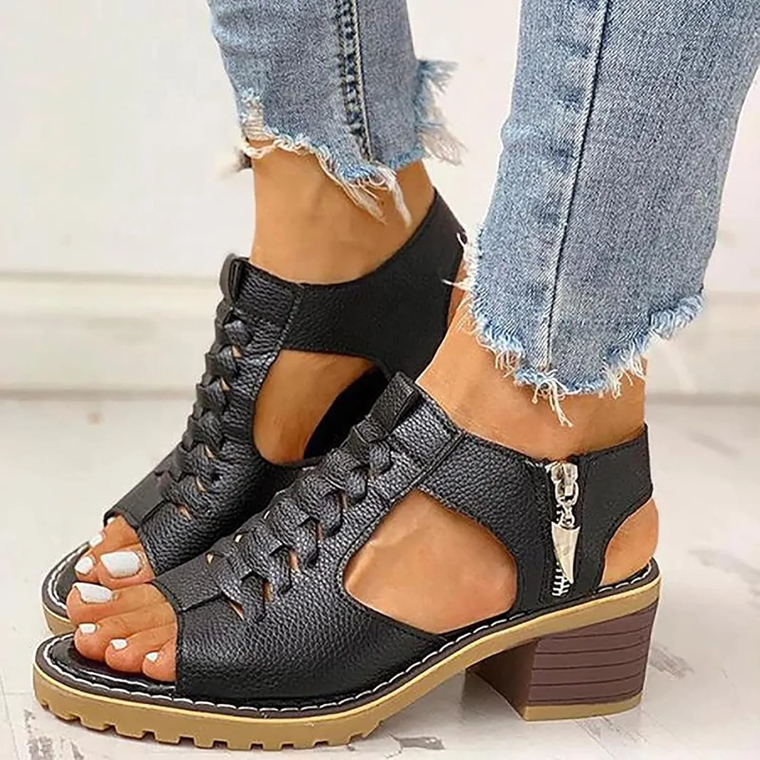 Libiyi Wedges Sandals for Women Dressy 2025, Open Toe Cutout Zipper Chunky Heeled New Hollow Fish Mouth Slip on Summer Beach Boho Comfortable Sandals Outdoor Shoes