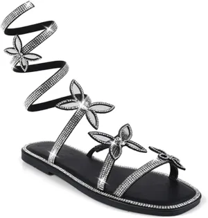 Liliana Women Butterfly Rhinestone Wrap-around Flat Sandals Flat Butterfly Sandals, 6 Narrow