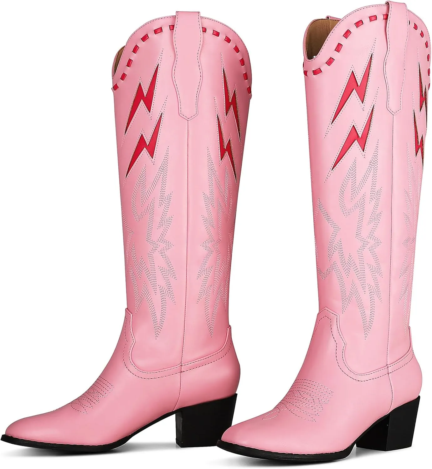 LinnOaks Pink Cowboy Boots for Women Almond Round Toe Chunky Mid Heel Knee High Boots Pull On Embroidered Wedding Party Dress Cowgirl Boots