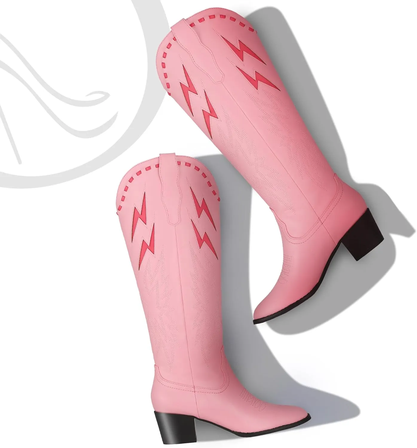 LinnOaks Pink Cowboy Boots for Women Almond Round Toe Chunky Mid Heel Knee High Boots Pull On Embroidered Wedding Party Dress Cowgirl Boots
