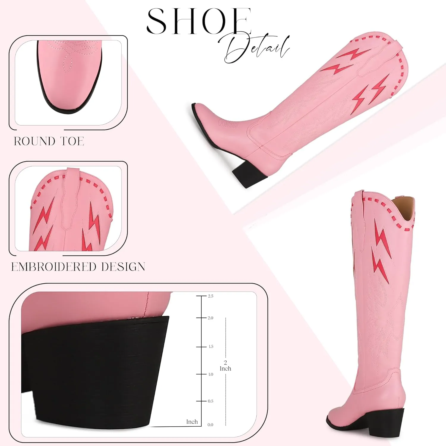 LinnOaks Pink Cowboy Boots for Women Almond Round Toe Chunky Mid Heel Knee High Boots Pull On Embroidered Wedding Party Dress Cowgirl Boots