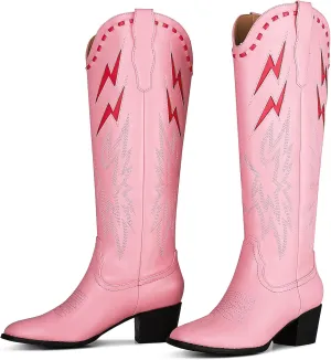 LinnOaks Pink Cowboy Boots for Women Almond Round Toe Chunky Mid Heel Knee High Boots Pull On Embroidered Wedding Party Dress Cowgirl Boots
