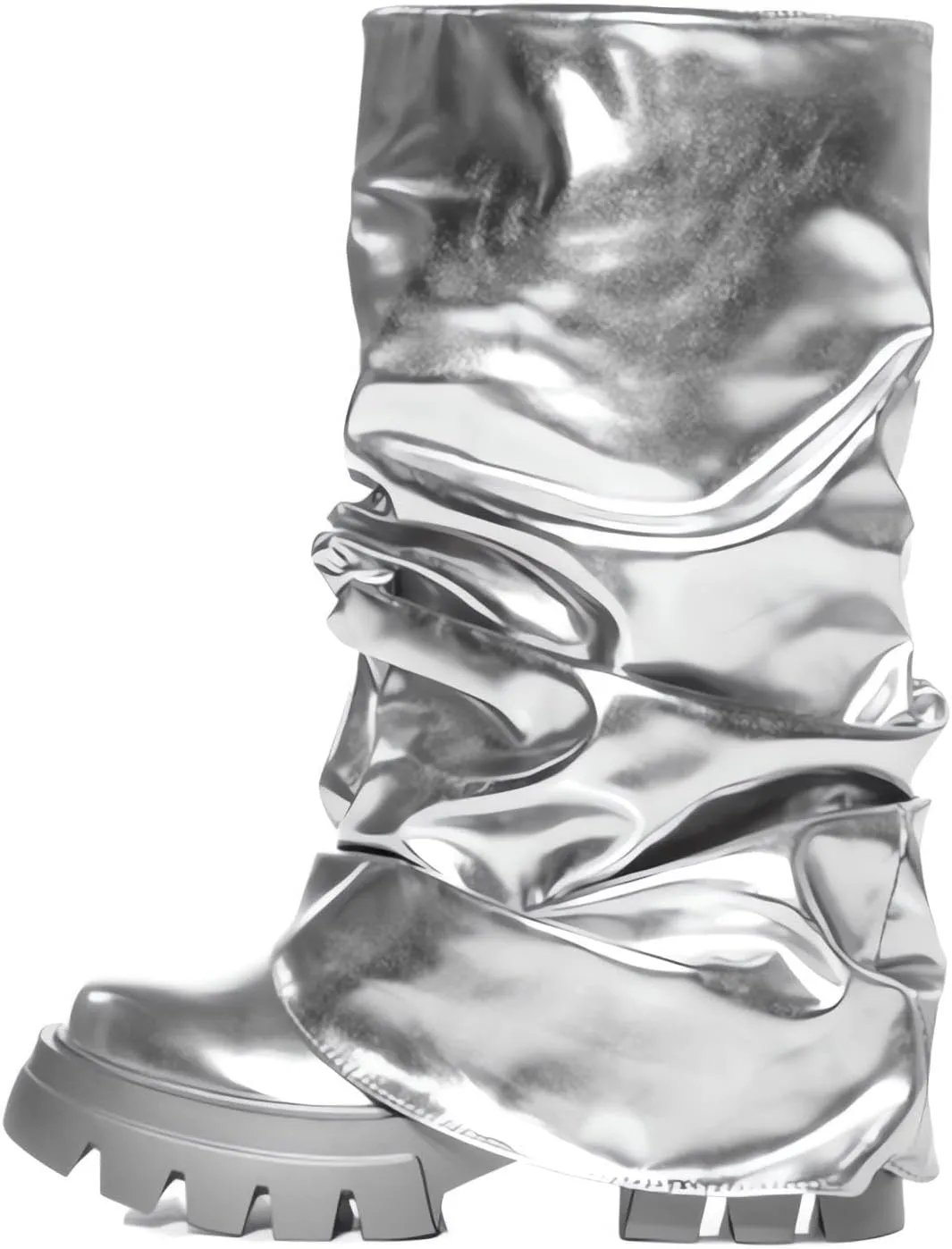 LISHAN Women's Platform Heel Metallic Fold Over Pull on Shark Ruched Boots