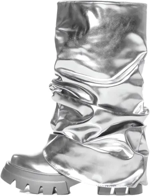LISHAN Women's Platform Heel Metallic Fold Over Pull on Shark Ruched Boots