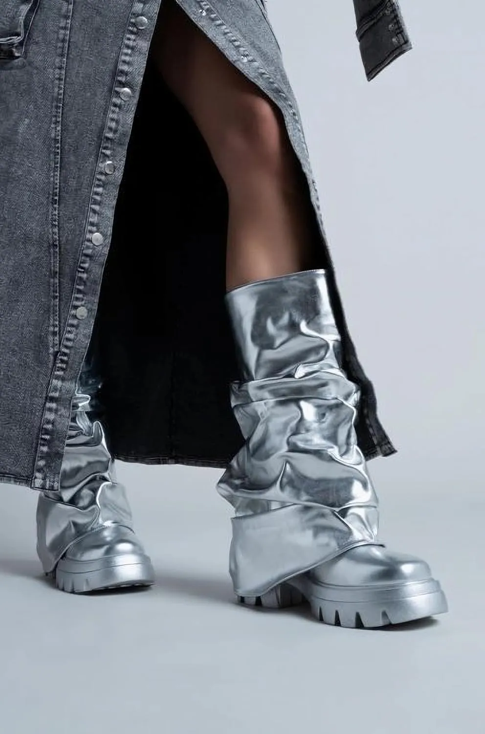 LISHAN Women's Platform Heel Metallic Fold Over Pull on Shark Ruched Boots
