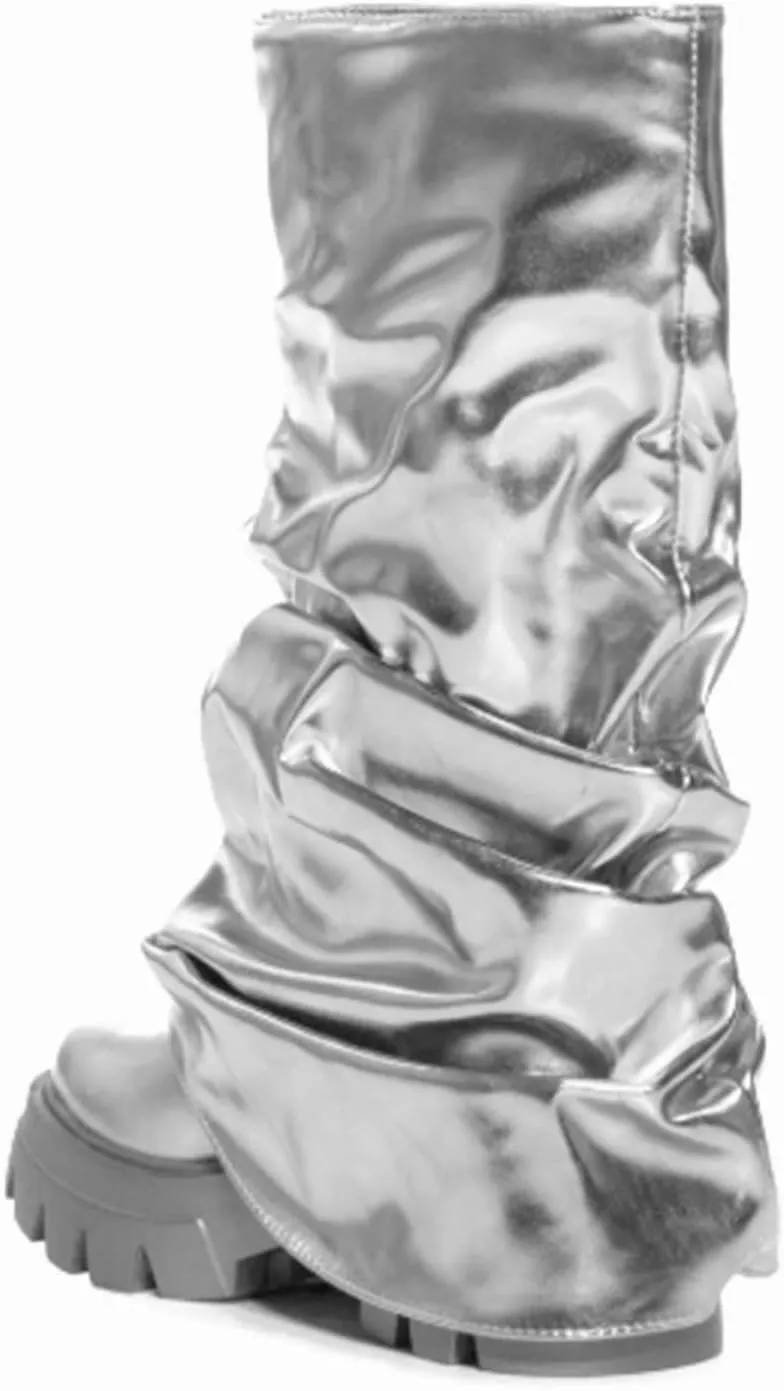 LISHAN Women's Platform Heel Metallic Fold Over Pull on Shark Ruched Boots