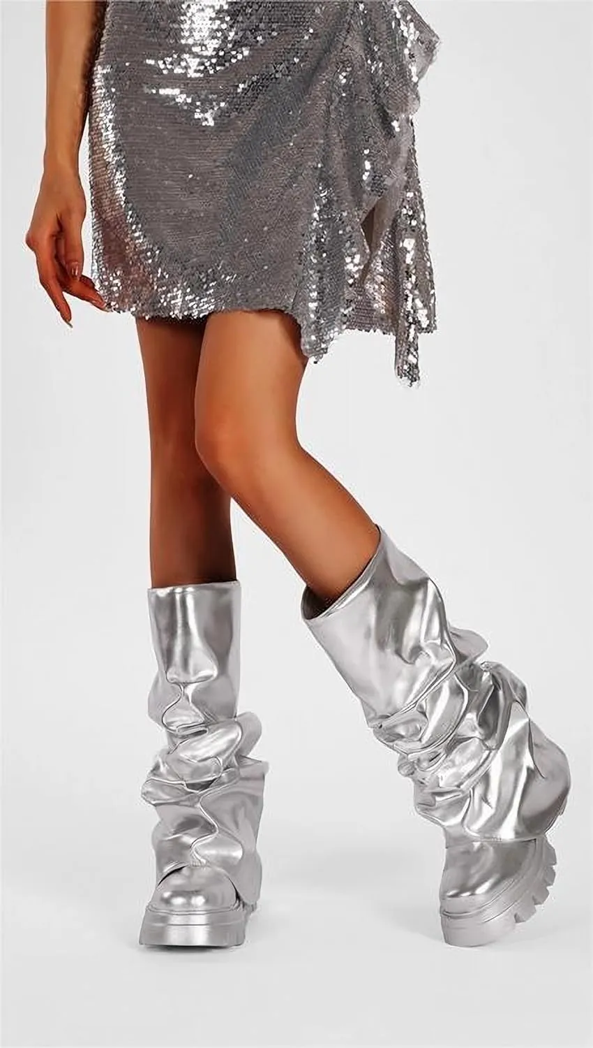 LISHAN Women's Platform Heel Metallic Fold Over Pull on Shark Ruched Boots