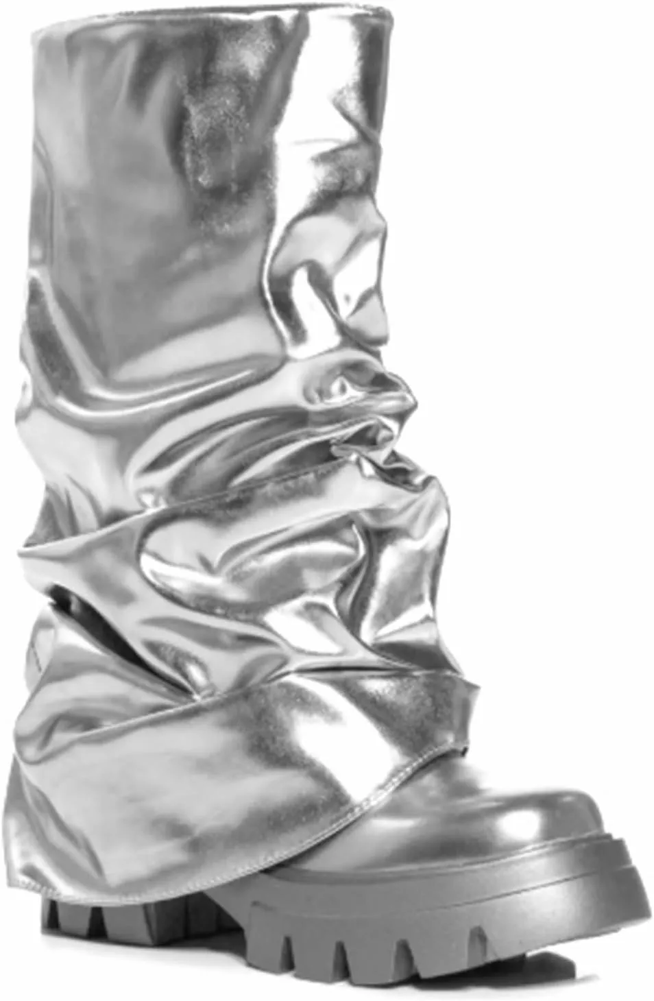LISHAN Women's Platform Heel Metallic Fold Over Pull on Shark Ruched Boots