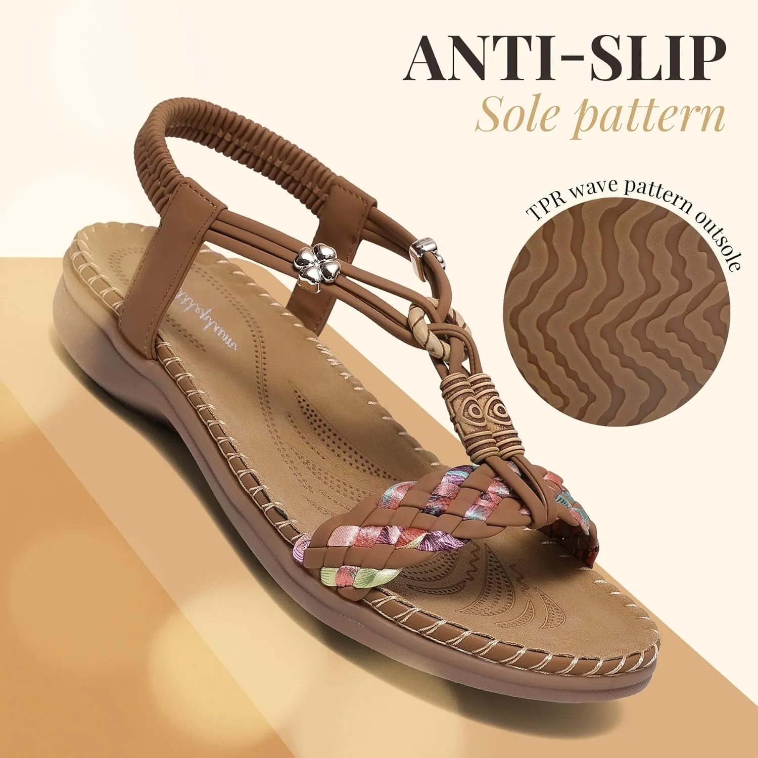 Littleplum Women Sandals Arch Support Handmade Bohemian Braided Flat Sandals Comfort Walking Beach Ankle Elastic Summer Shoes