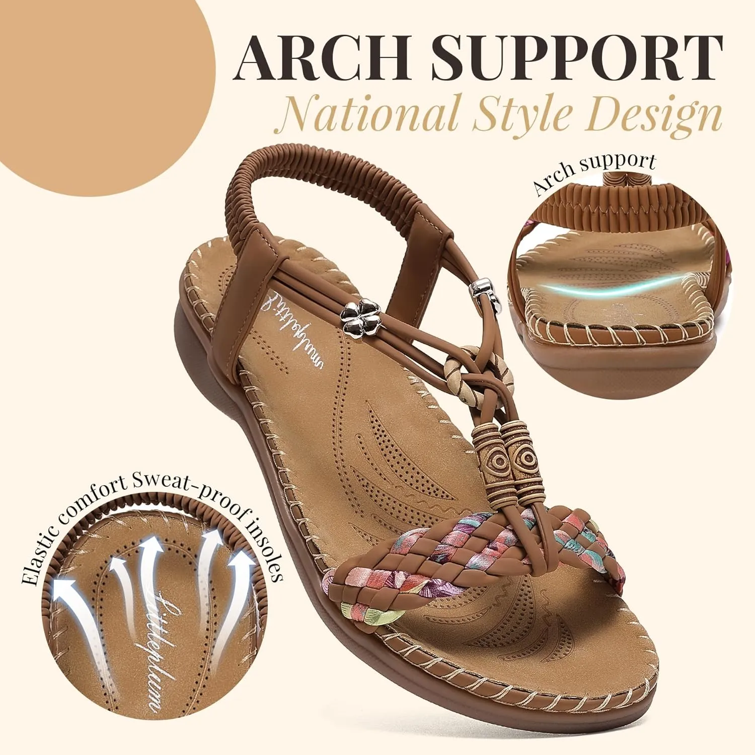Littleplum Women Sandals Arch Support Handmade Bohemian Braided Flat Sandals Comfort Walking Beach Ankle Elastic Summer Shoes