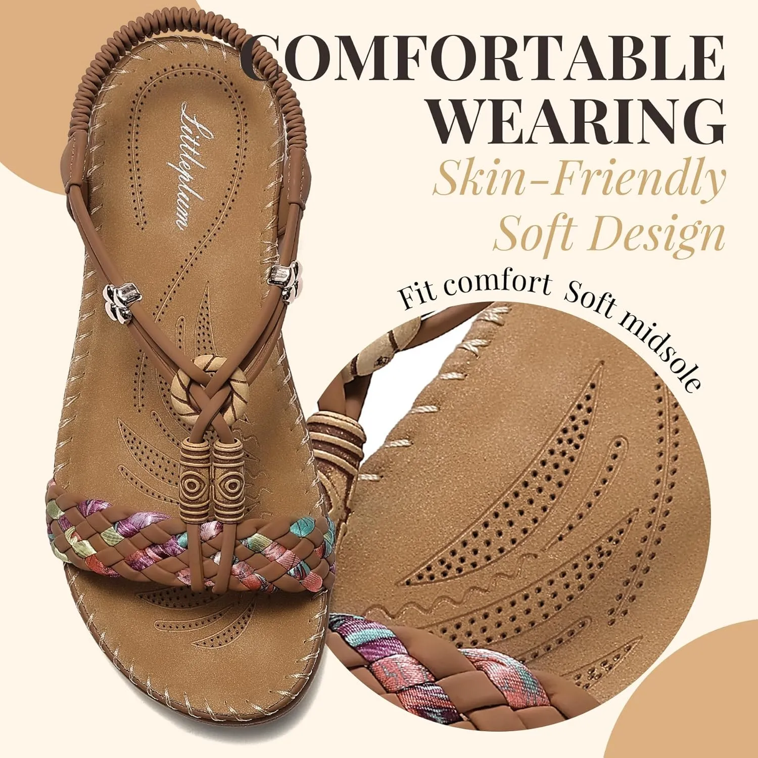 Littleplum Women Sandals Arch Support Handmade Bohemian Braided Flat Sandals Comfort Walking Beach Ankle Elastic Summer Shoes