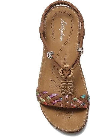 Littleplum Women Sandals Arch Support Handmade Bohemian Braided Flat Sandals Comfort Walking Beach Ankle Elastic Summer Shoes