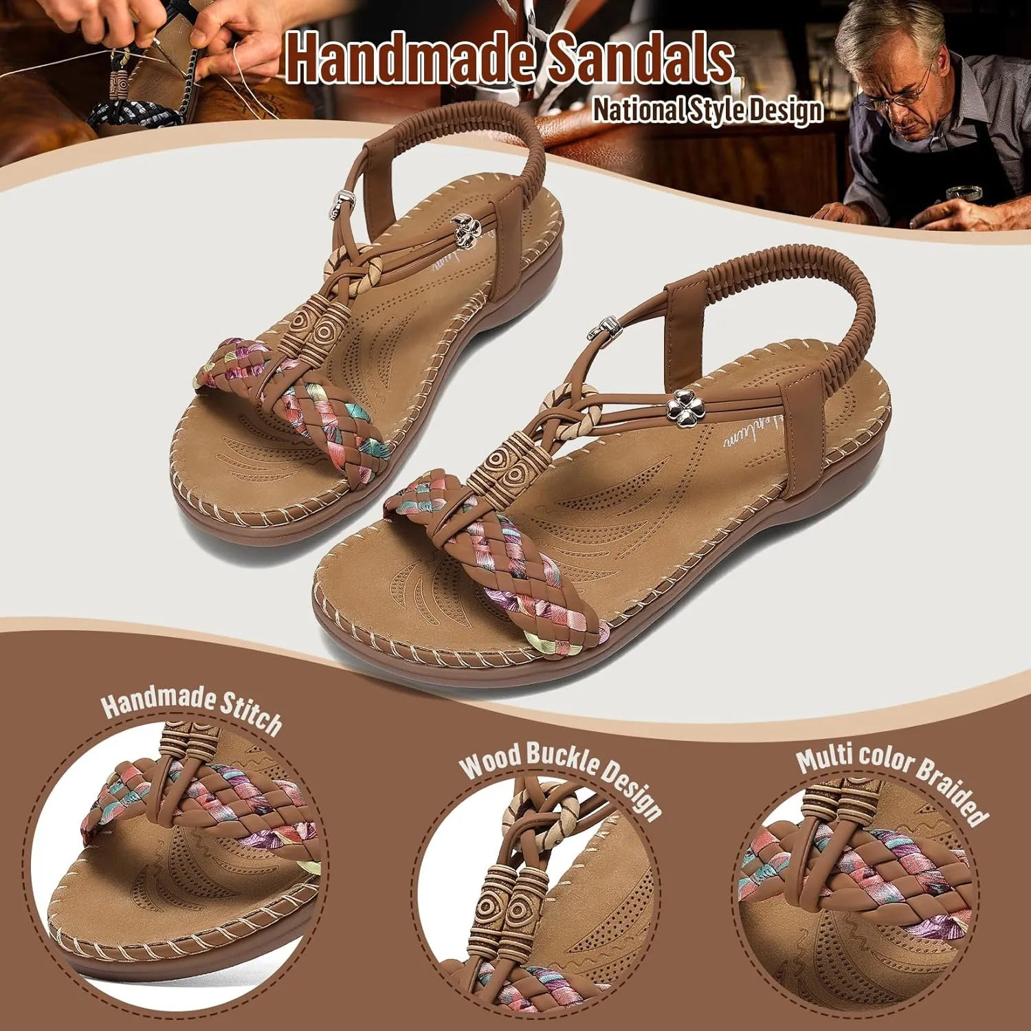 Littleplum Women Sandals Arch Support Handmade Bohemian Braided Flat Sandals Comfort Walking Beach Ankle Elastic Summer Shoes