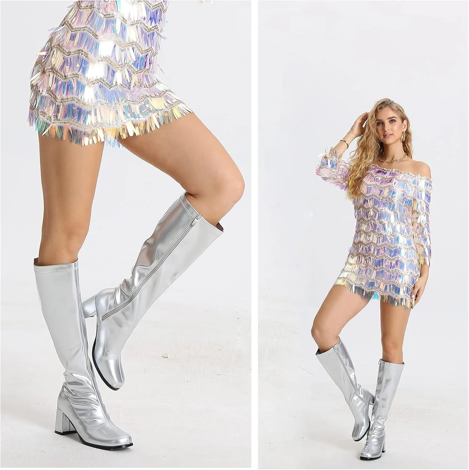LIURUIJIA Women's Gogo Boots Knee High Block Heel Square Toe 70s Disco Costume Boots