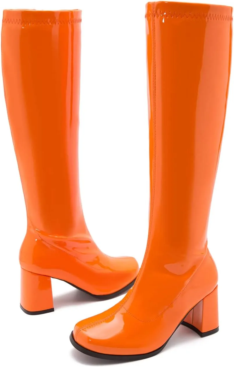 LIURUIJIA Women's Gogo Boots Knee High Block Heel Square Toe 70s Disco Costume Boots
