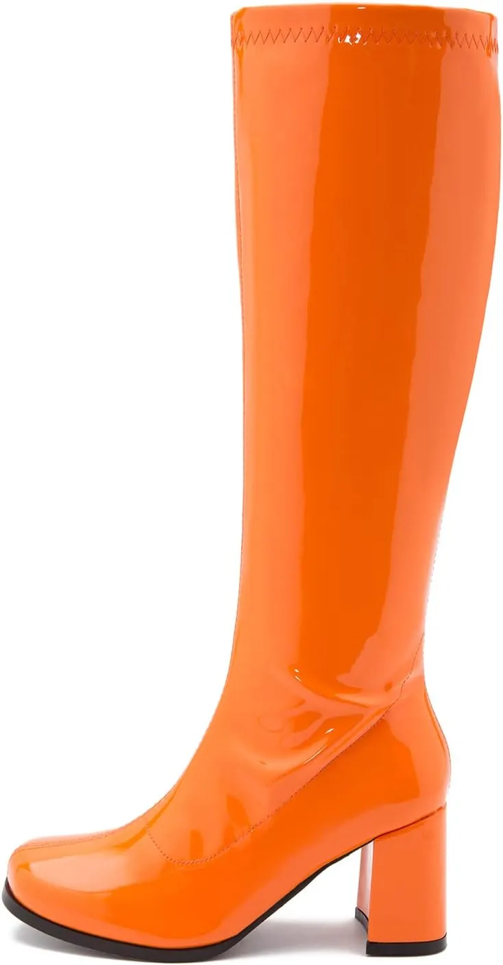 LIURUIJIA Women's Gogo Boots Knee High Block Heel Square Toe 70s Disco Costume Boots