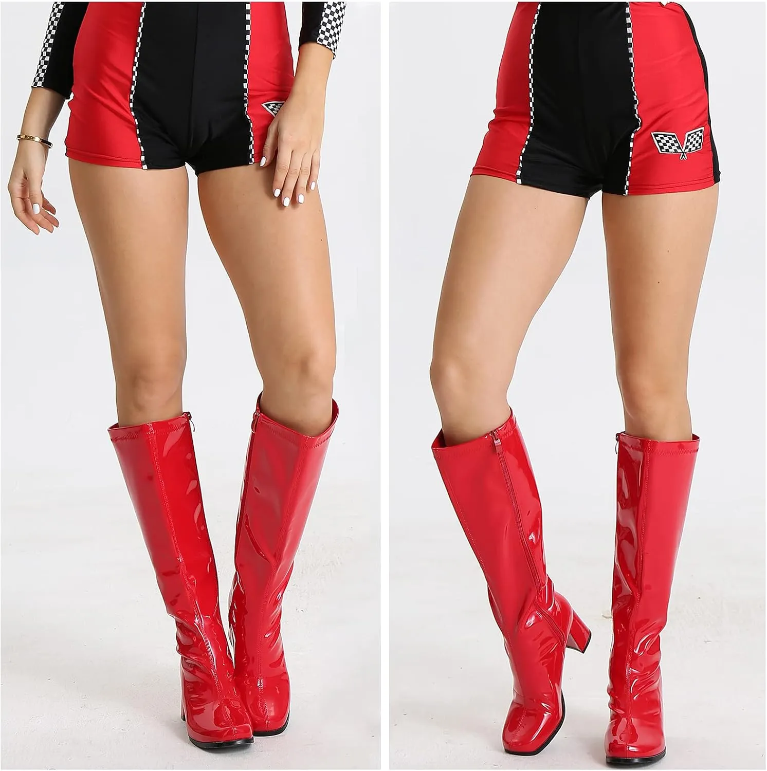 LIURUIJIA Women's Gogo Boots Knee High Block Heel Square Toe 70s Disco Costume Boots