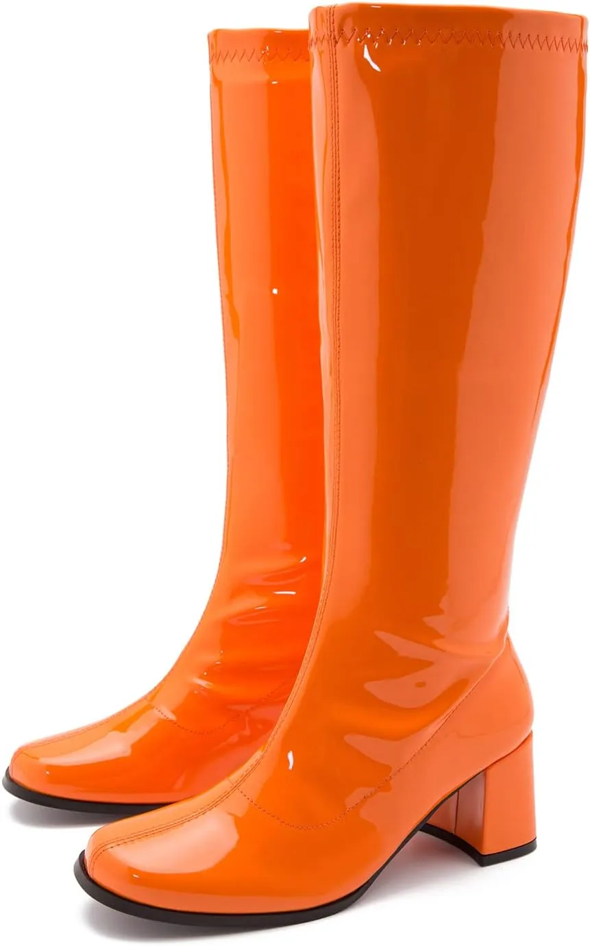 LIURUIJIA Women's Gogo Boots Knee High Block Heel Square Toe 70s Disco Costume Boots