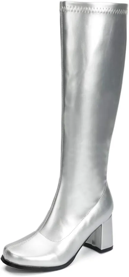 LIURUIJIA Women's Gogo Boots Knee High Block Heel Square Toe 70s Disco Costume Boots
