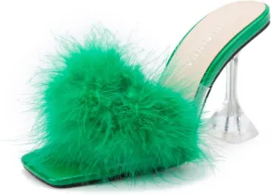 LIURUIJIA Women's Square Toe Feathers High Heels Fur Mules Sandals Fuzzy Fluffy Wedding Bridal Party Dress Shoes