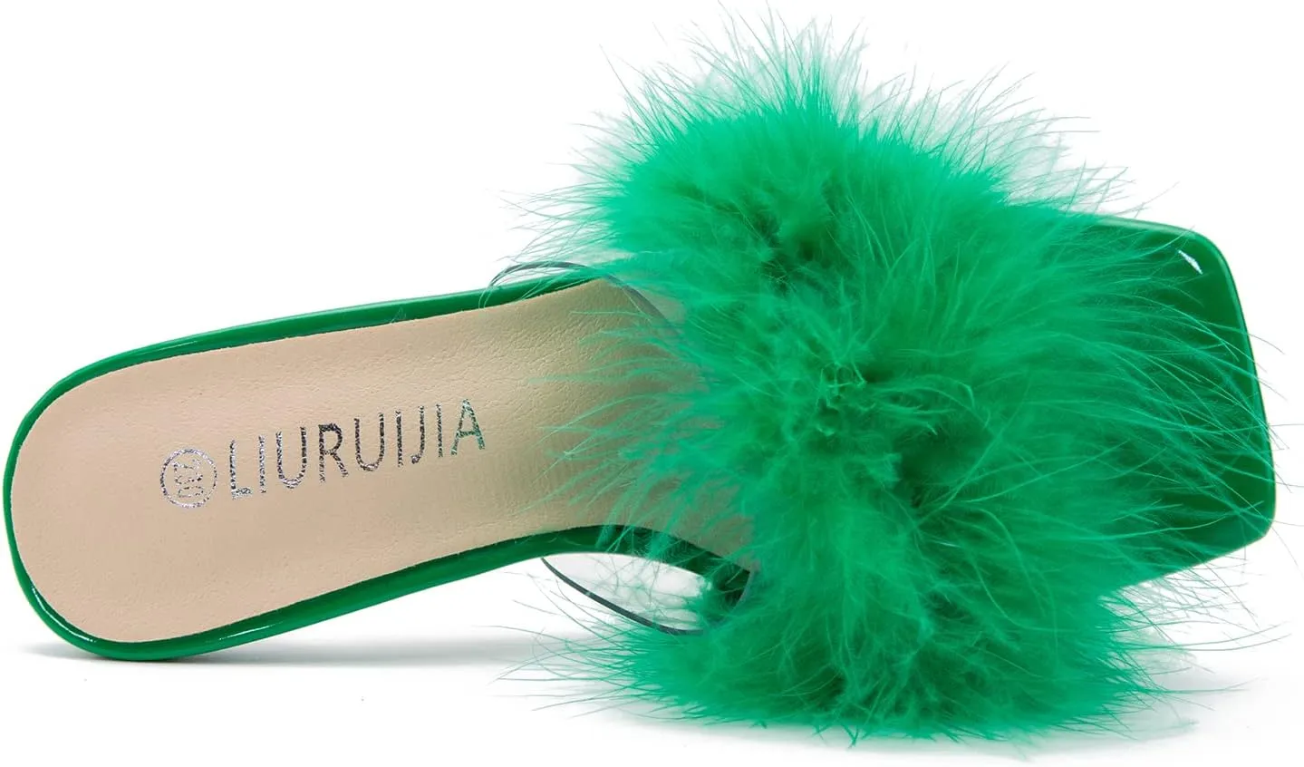 LIURUIJIA Women's Square Toe Feathers High Heels Fur Mules Sandals Fuzzy Fluffy Wedding Bridal Party Dress Shoes