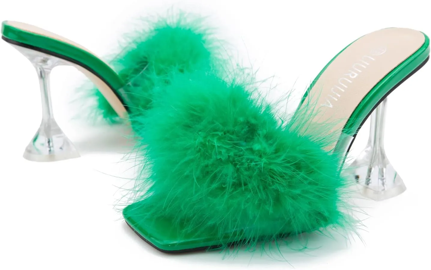LIURUIJIA Women's Square Toe Feathers High Heels Fur Mules Sandals Fuzzy Fluffy Wedding Bridal Party Dress Shoes