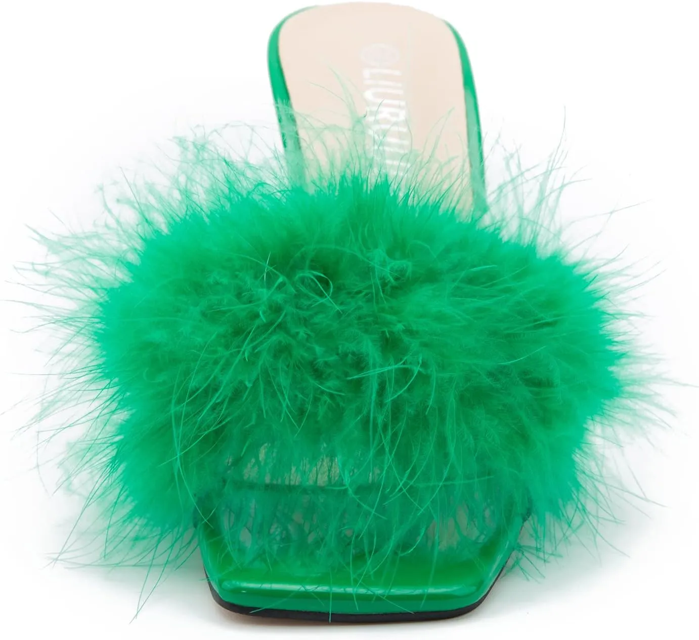 LIURUIJIA Women's Square Toe Feathers High Heels Fur Mules Sandals Fuzzy Fluffy Wedding Bridal Party Dress Shoes