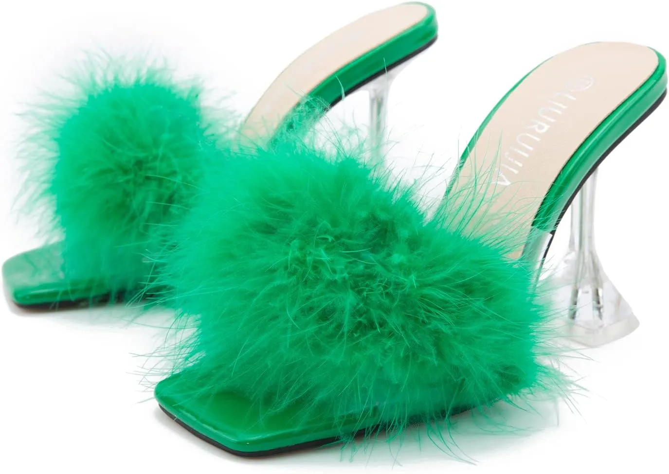 LIURUIJIA Women's Square Toe Feathers High Heels Fur Mules Sandals Fuzzy Fluffy Wedding Bridal Party Dress Shoes